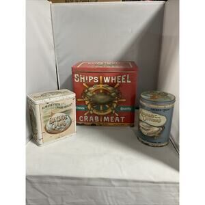 Nautical Vintage Seafood Tins- Set Of 3- Collectible Retro Kitchen Storage